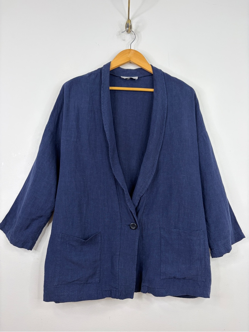 Allison Wonderland Blazer Womens 10 Navy Blue Linen Loose Jacket Made in Canada